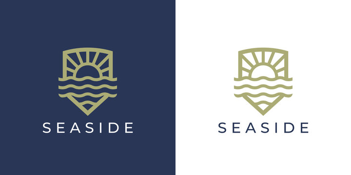 Seaside holiday resort line icon. Gold luxury beach hotel villas logo. Nature sunset boutique spa symbol. Sunshine and sea summer vacation travel emblem. Vector illustration.