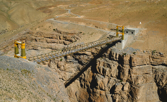 Chicham suspension bridge over Spiti river in summer. Himachal Pradesh, India.