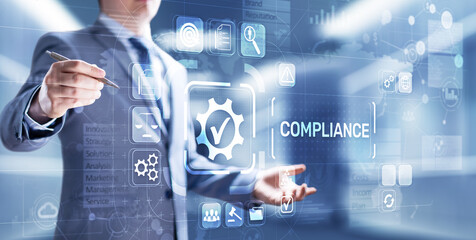 Compliance concept with icons and text. Regulations, law, standards, requirements, audit diagram on virtual screen