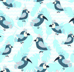 Obraz premium Vector seamless pattern with parrots. Cute stylized birds. blank for printing on fabrics and paper for children