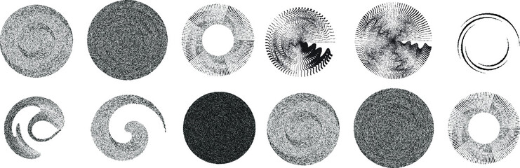 Big set of lines in Circle Form . Spiral Vector Illustration .Big collection of round Logos . Rouhgen edges . Abstract Geometric circular shapes .Rotating radial lines collection. Concentric circles