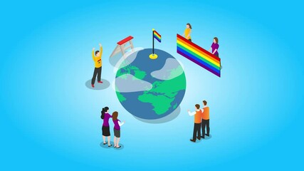 Group of happy people look at rainbow flag on globe - Powered by Adobe