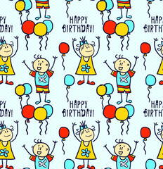 Vector seamless pattern with doodle balloons, children of different genders and birthday inscriptions. Girls and boys have fun and celebrate