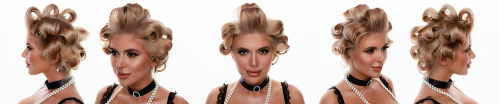Set of portraits collage. Close-up portrait of blonde beautiful woman with retro curled and twisted hairstyle standing on white background. Different angle view of a face.