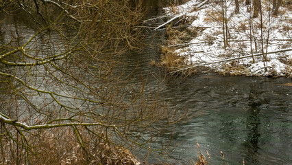 A Small River In A Winter Landscape. Winter Landscape with Small River, trees and first snow. Nature concepts.
