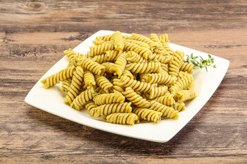 Italian pasta Fusilli with pesto