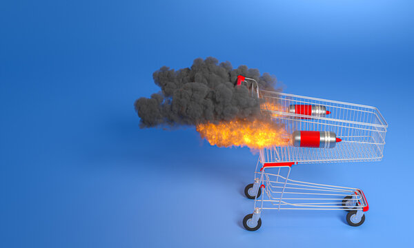 shopping cart with flares with smoke and flames.