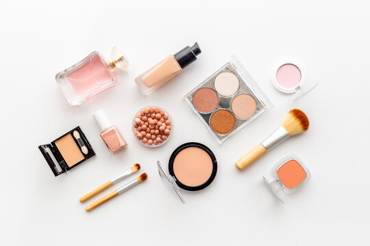 Makeup cosmetic products set with eyeshadow and brushes. Beauty flat lay  Stock Photo | Adobe Stock