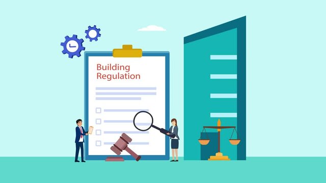 Two people checking building regulation document