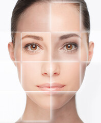 So many skin types. Closeup concept portrait of a beautiful young woman with a grid pattern layered over her face. - obrazy, fototapety, plakaty