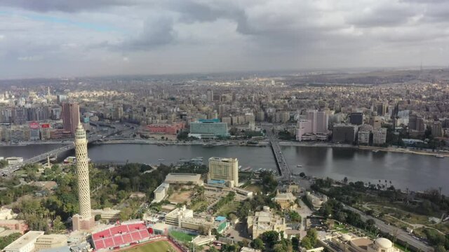 Rare 270 Degree Aerial Drone Panorama of Cairo Tower, Downtown Cairo and Nile
