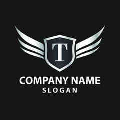 Luxury Letter T Gold Wing with Shield Logo template, Golden Wing Shield Luxury Initial Letter T logo
