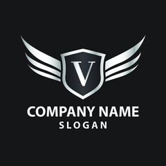 Obraz premium Luxury Letter V Gold Wing with Shield Logo template, Golden Wing Shield Luxury Initial Letter V logo