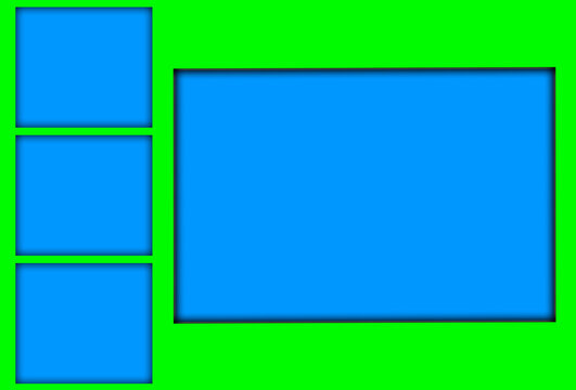 Illustration, A large frame is be deep, empty blue and three small empty blue frames on the left, on green background.