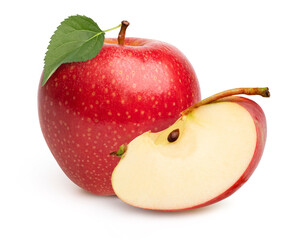Red apple with leaves and slices isolated on white background