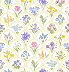 Spring Garden variety flowers in rainbow medallion hand drawn vector seamless pattern. Vintage Romantic Bloom design. Cottage core aesthetic floral print for fabric, scrapbook, wrapping, card making - 481187889