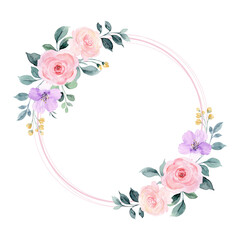 Cute pink purple floral frame with watercolor