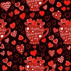 Pattern beautiful tender red white hearts with patterns in a cup for the holiday of St. Valentine's Day greeting card