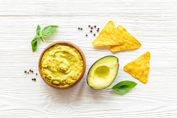 Guacamole sause with avocado and nachos chips