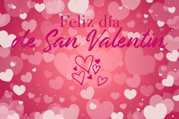 tarjeta o pancarta para desear un feliz día de San Valentín en rosa oscuro sobre un fondo rosa con corazones blancos y rosas en efecto bokeh