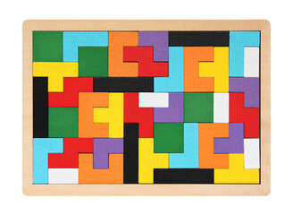colorful wooden jigsaw puzzle isolated on white background
