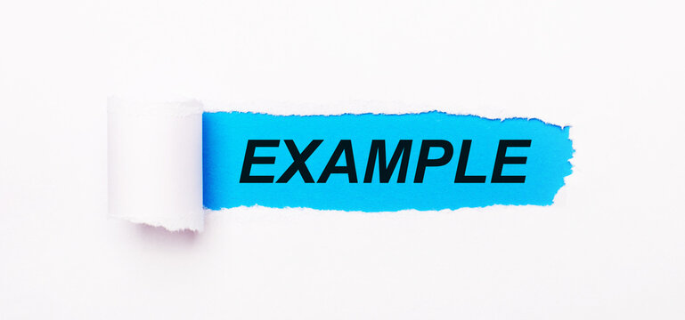 On a bright blue background, white paper with a torn stripe and the text EXAMPLE