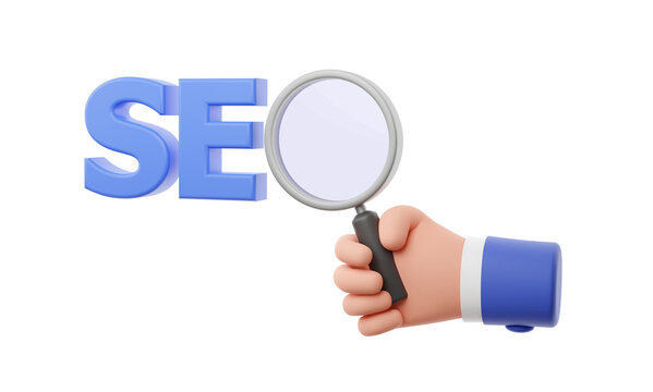 3D illustration SEO logo with magnifying glass on white background