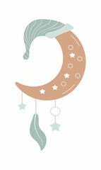 Bohemian cute moon vector in pastel colors. Scandinavian baby abstract, boho moon with feather, heart, stars isolated on white background.