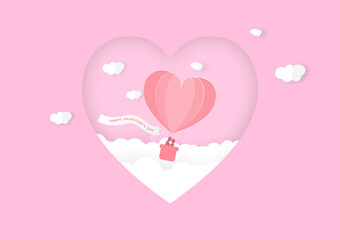 Happy valentine's day. Paper cut design greeting card. Balloon and couple lover in the sky on pink background. Vector illustration. 