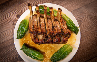 Recipe ribs, pork rib, pork with thyme and braised lettuce. High quality photo