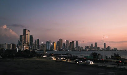 Cartagena, Bocagrande cityscape at dusk of bustling downtown urban panorama 
