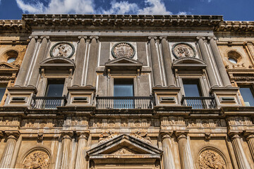 Fragments of Renaissance building of Charles V Palace (Palacio de Carlos V, from 1527). Granada, Andalusia, Spain.