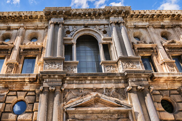 Fragments of Renaissance building of Charles V Palace (Palacio de Carlos V, from 1527). Granada,...