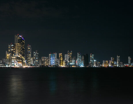 Cartagena, Bocagrande cityscape at night of bustling downtown urban panorama 