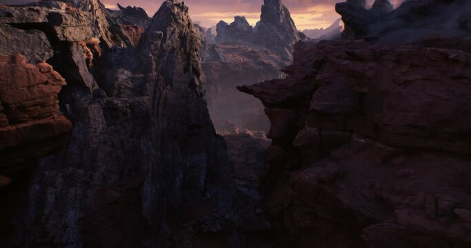 The mystical dark world of rocks. Cinematic flight of a drone in canyon. 3d render
