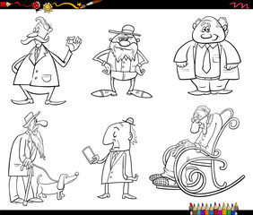 cartoon seniors characters set coloring book page