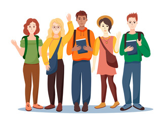 Obraz premium Happy students of different nationalities from different countries. Vector illustration in cartoon style on white background.