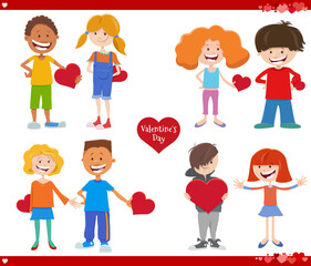 cartoon girls and boys with cards on Valentines Day set