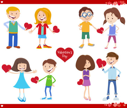 cartoon girls and boys in love with Valentines Day cards set