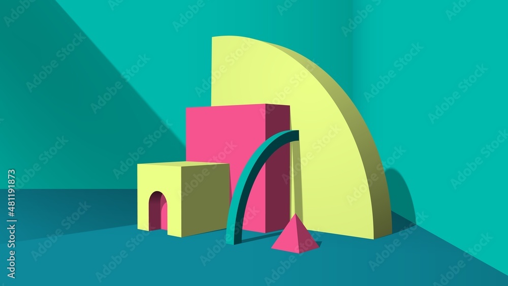 Aufkleber Abstract yellow 3D objects or elements installation in the green room for a booklet of banner.