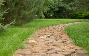 Stone path in the park. A curve in the road leading into the distance
