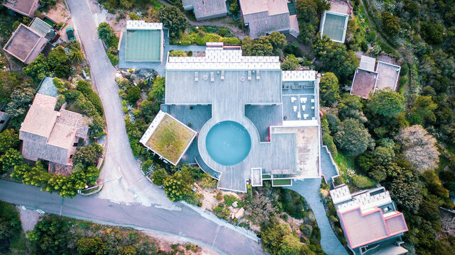 Top view of a building, pool on the roof