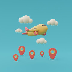 Fototapeta na wymiar Yellow airplane with location pin ,Online travel and tourism planning concept,holiday vacation,Ready for travel.3d render.