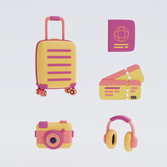 Set of Tourism and travel concept with yellow suitcase and traveler accessories,minimal style,Flat lay.3d render.
