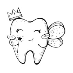 tooth Fairy. doodle illustration of cartoon teeth. cute teeth character. stickers. hand drawing for printing. dentistry icons set