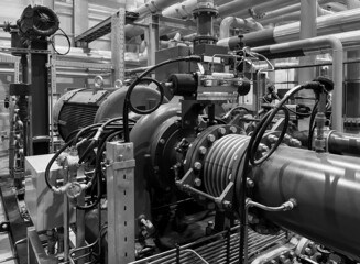 Nitrogen turbocharger. The compressor compresses nitrogen gas for industrial applications. Black and white photo