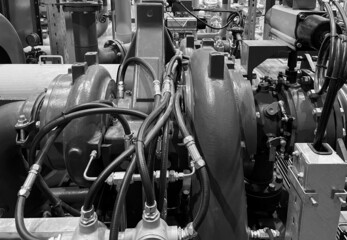 Nitrogen turbocharger. The compressor compresses nitrogen gas for industrial applications. Black and white photo