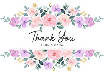 Thank you card with cute pink purple flower watercolor