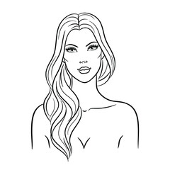 Beautiful fashion woman with long hair, isolated on white background, vector sketch illustration. Female line portrait for beauty salon, wellness center, cosmetics, spa 