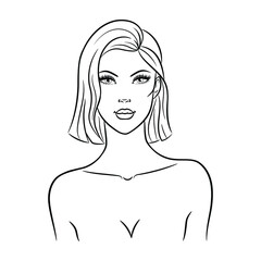 Beautiful fashion woman with stylish hairstyle, isolated on white background, vector sketch illustration. Female line portrait for beauty salon, wellness center, cosmetics, spa 